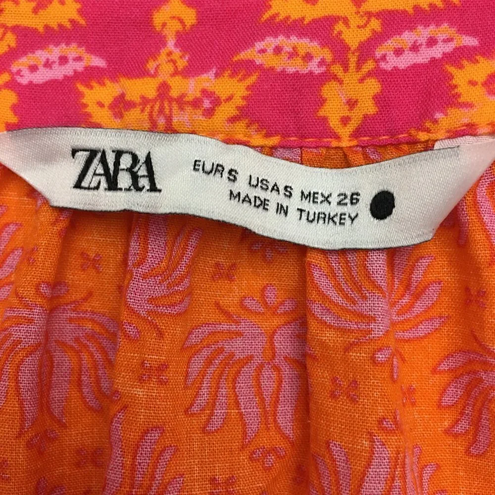 Zara Women's Pink and Orange Print Dress Long Sleeves V-Neck Lightweight size S
